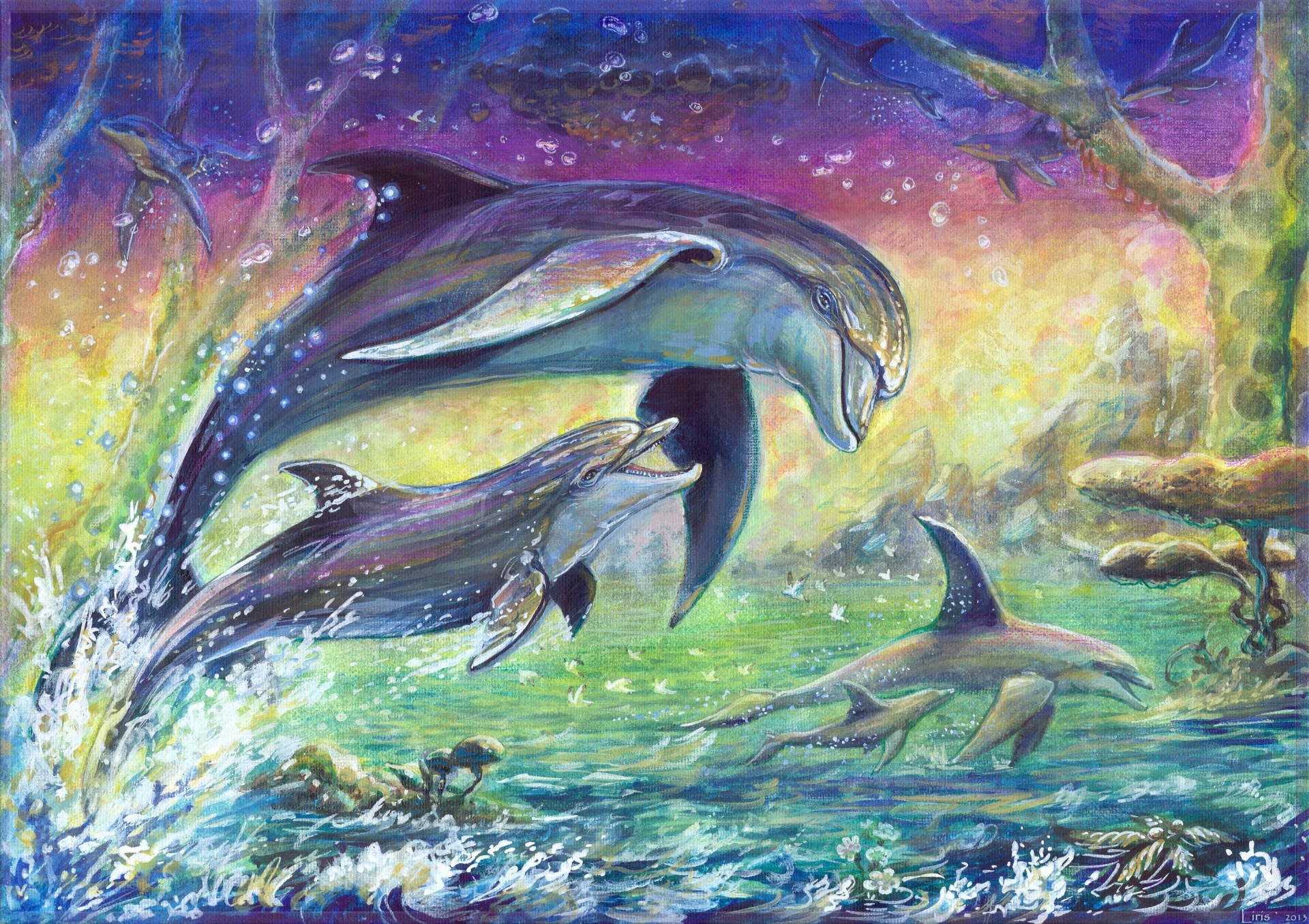 dauphins toile mer vague peinture