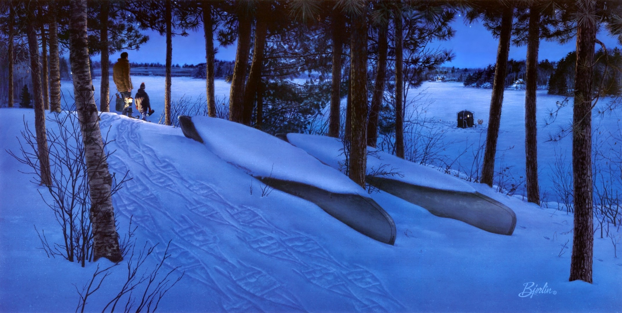 peinture pêcheurs lac lanterne forêt nuit tard neige bateaux hiver