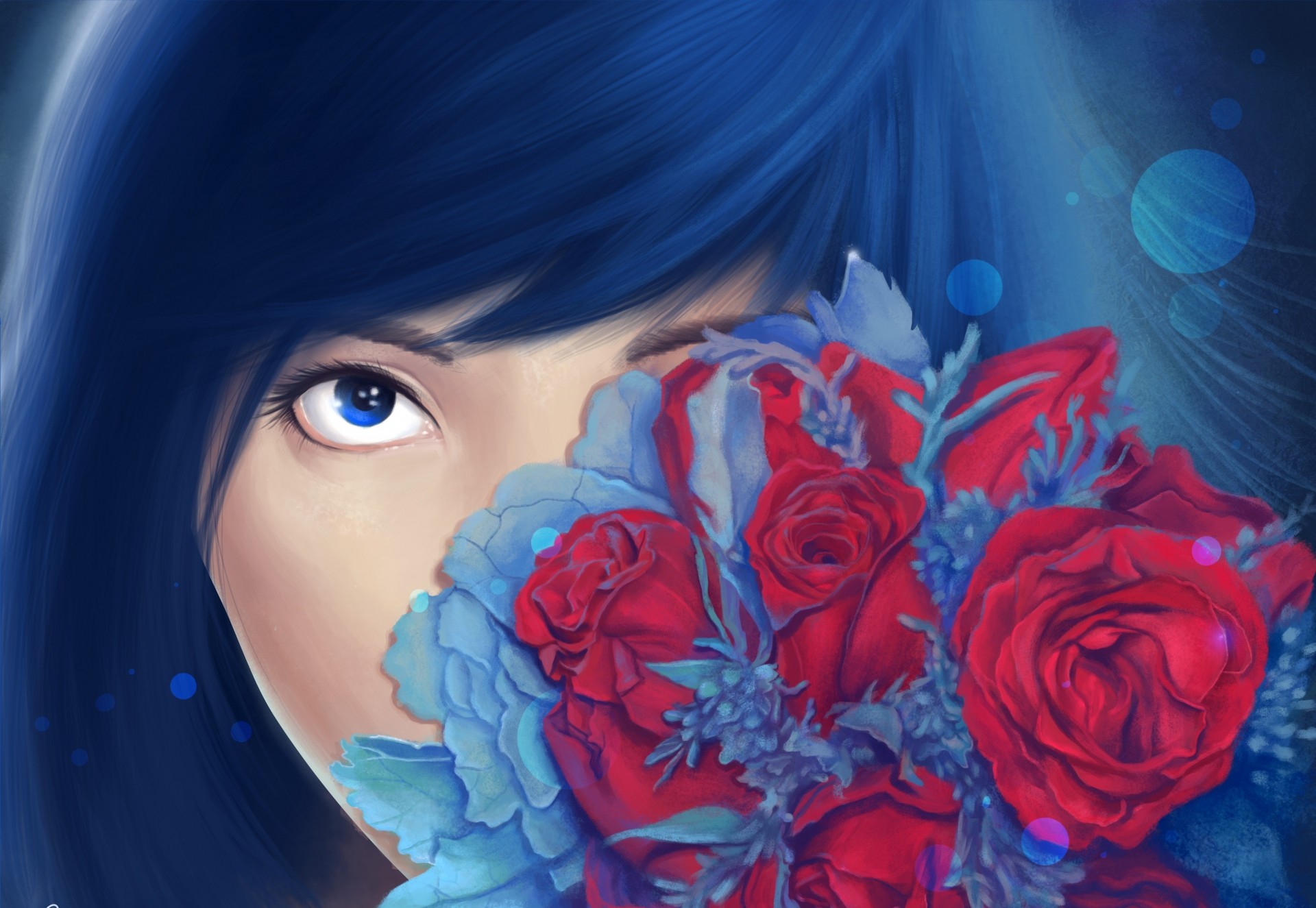 arte viso rose pittura bouquet vista fiori ragazza. capelli blu