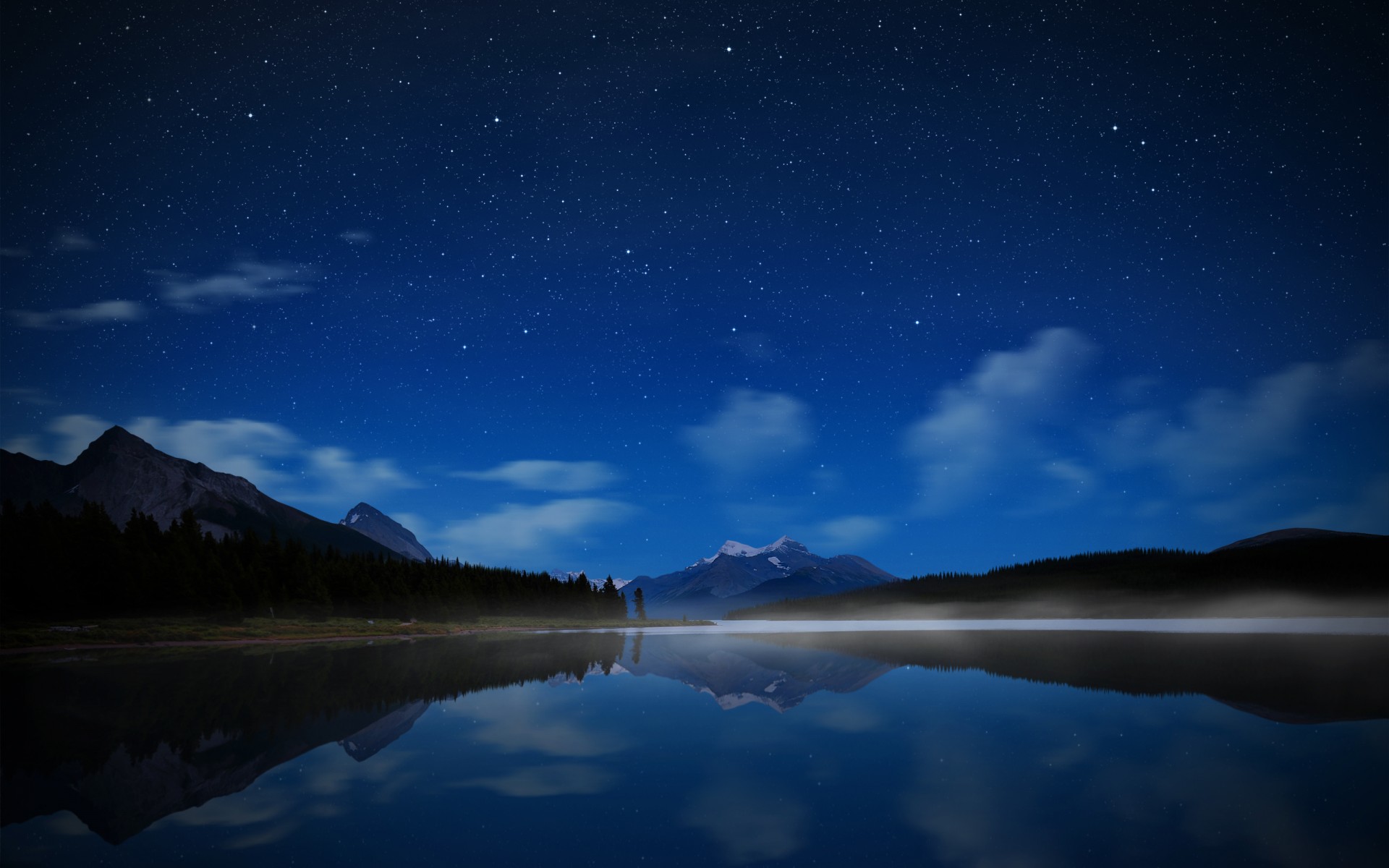 canada parc jasper lac montagnes nuit ciel étoiles eau