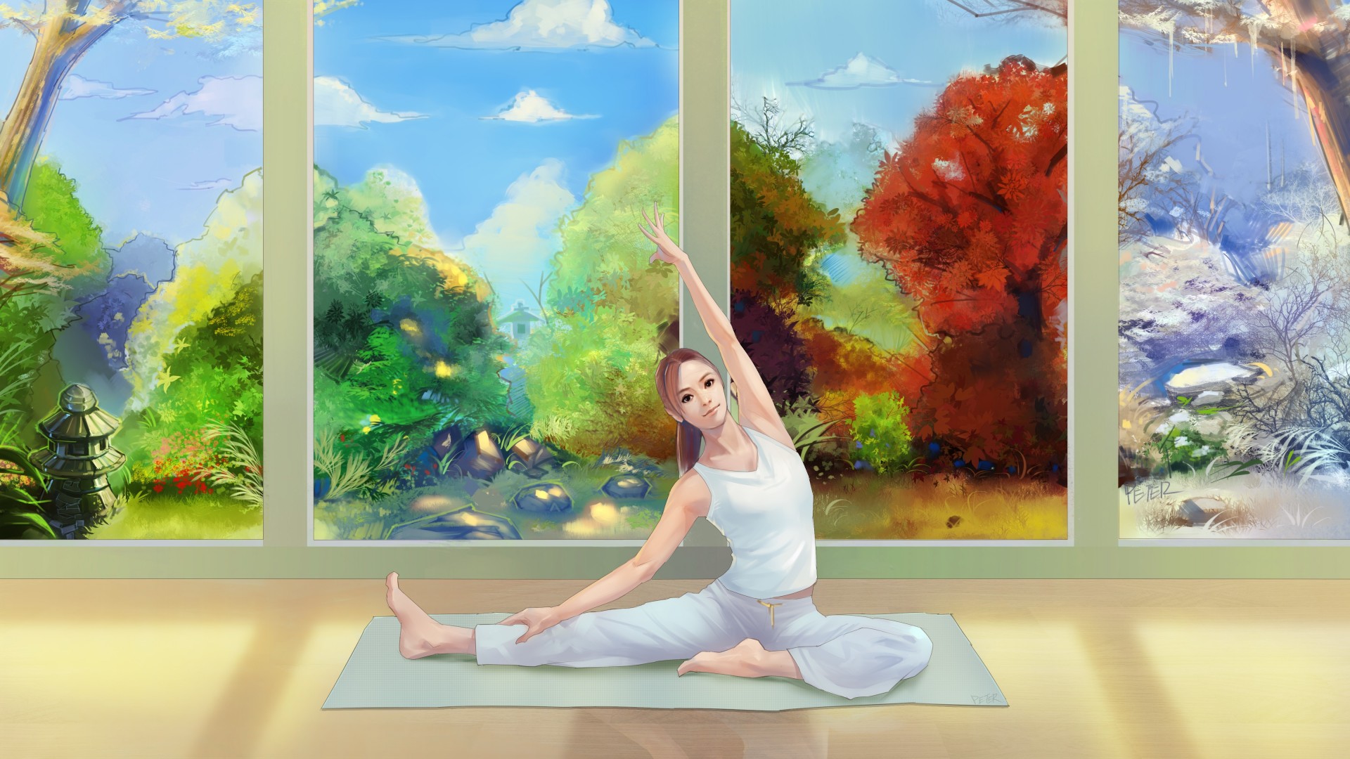 kunst mädchen bild yoga sommer ansicht matte herbst jahreszeiten winter frühling