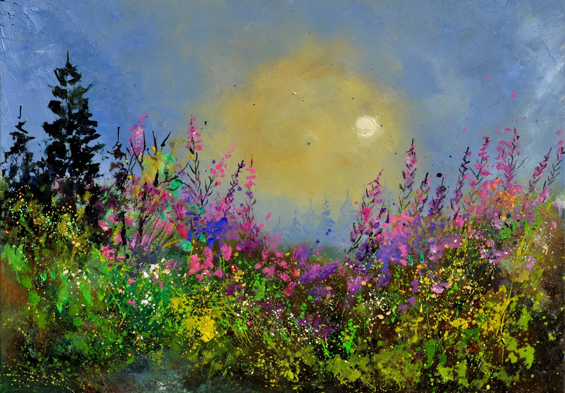 paisaje pintura naturaleza flores sol cielo azul