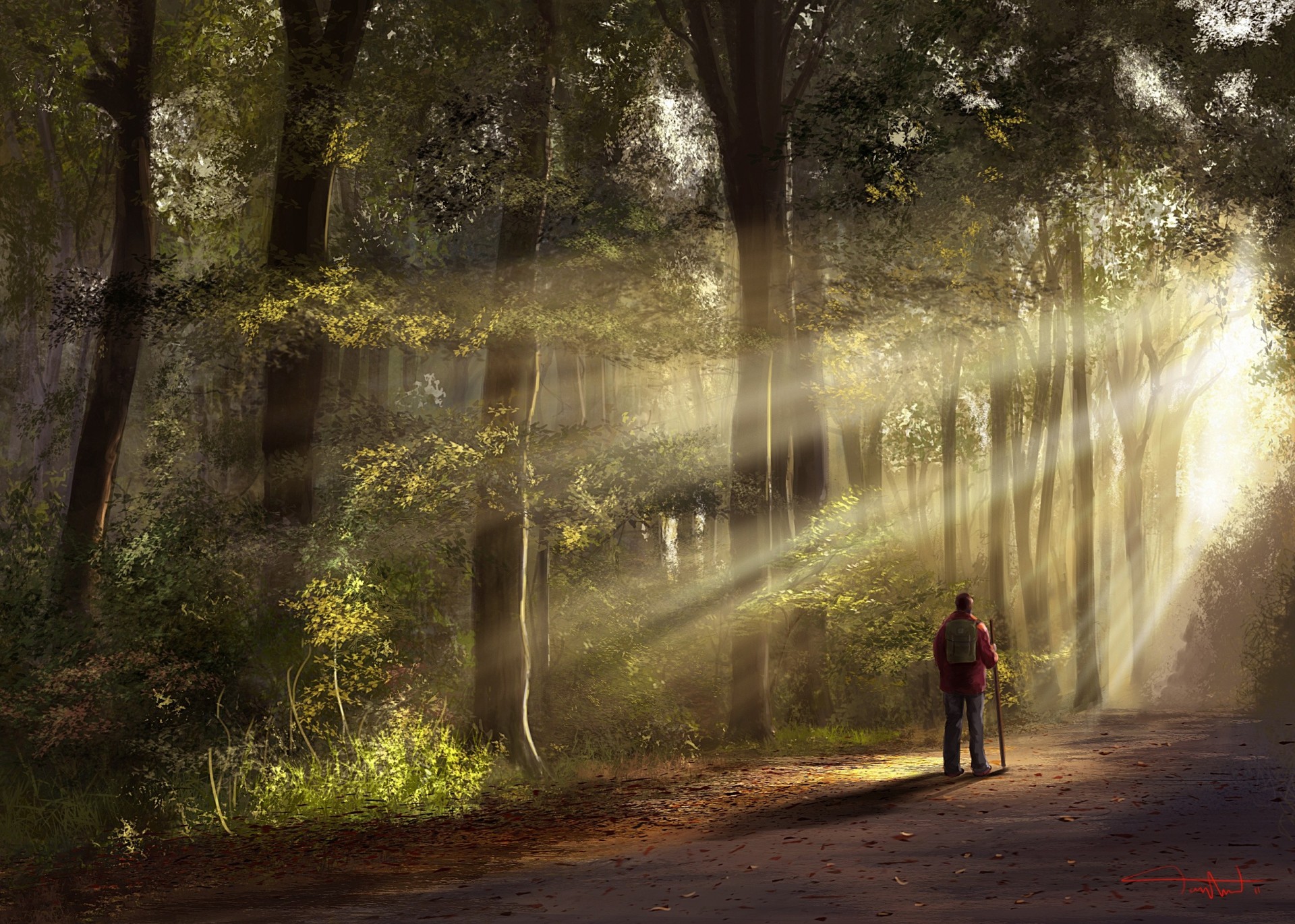 homme route forêt art voyageur