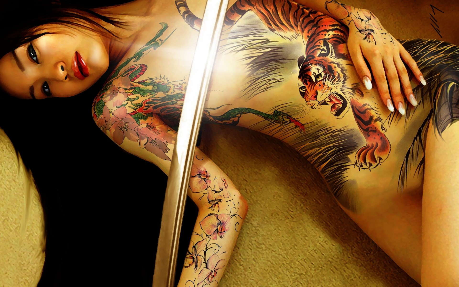 asiatique épée tatouages fille se trouve