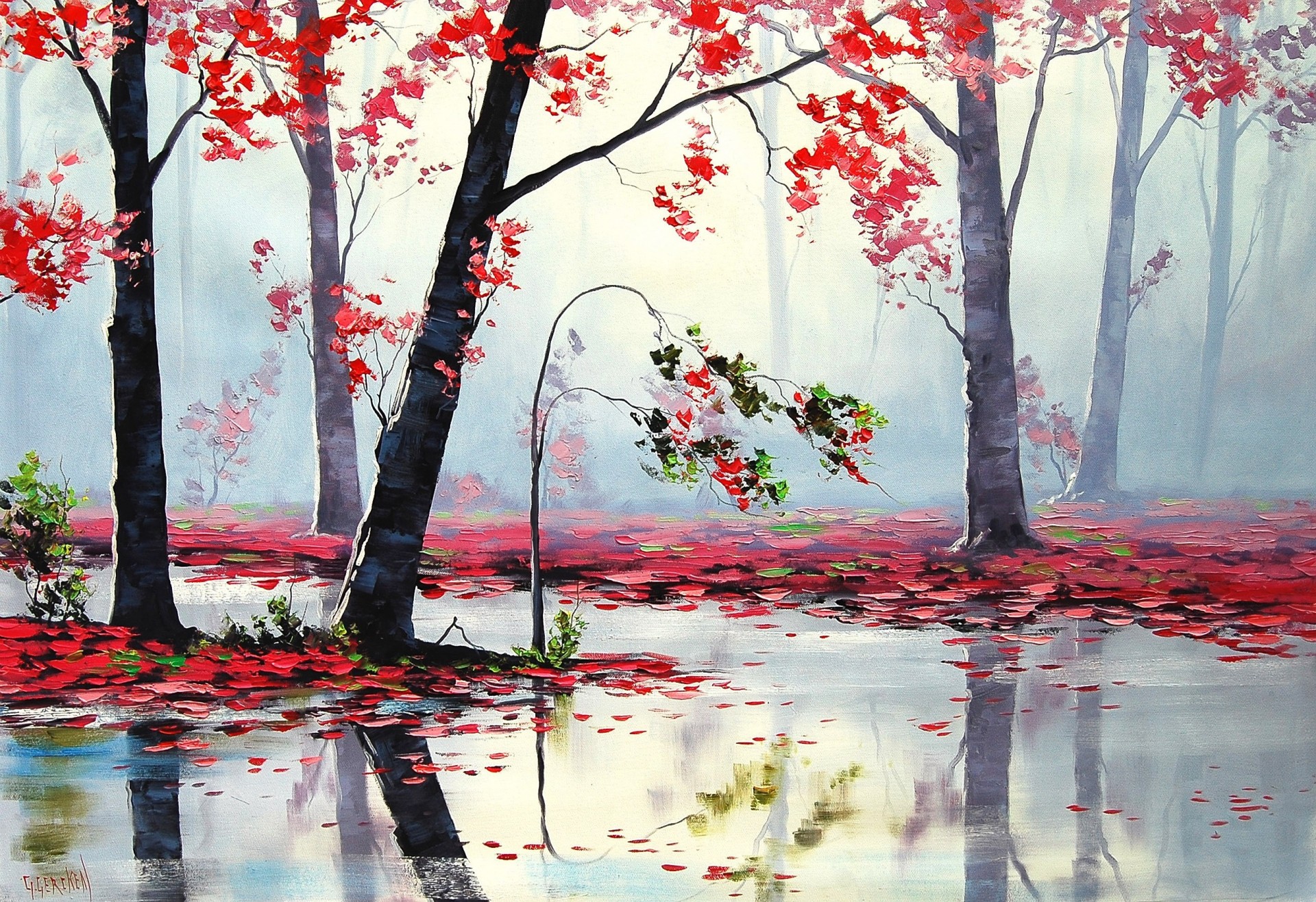 arte autunno alberi fiume rosso