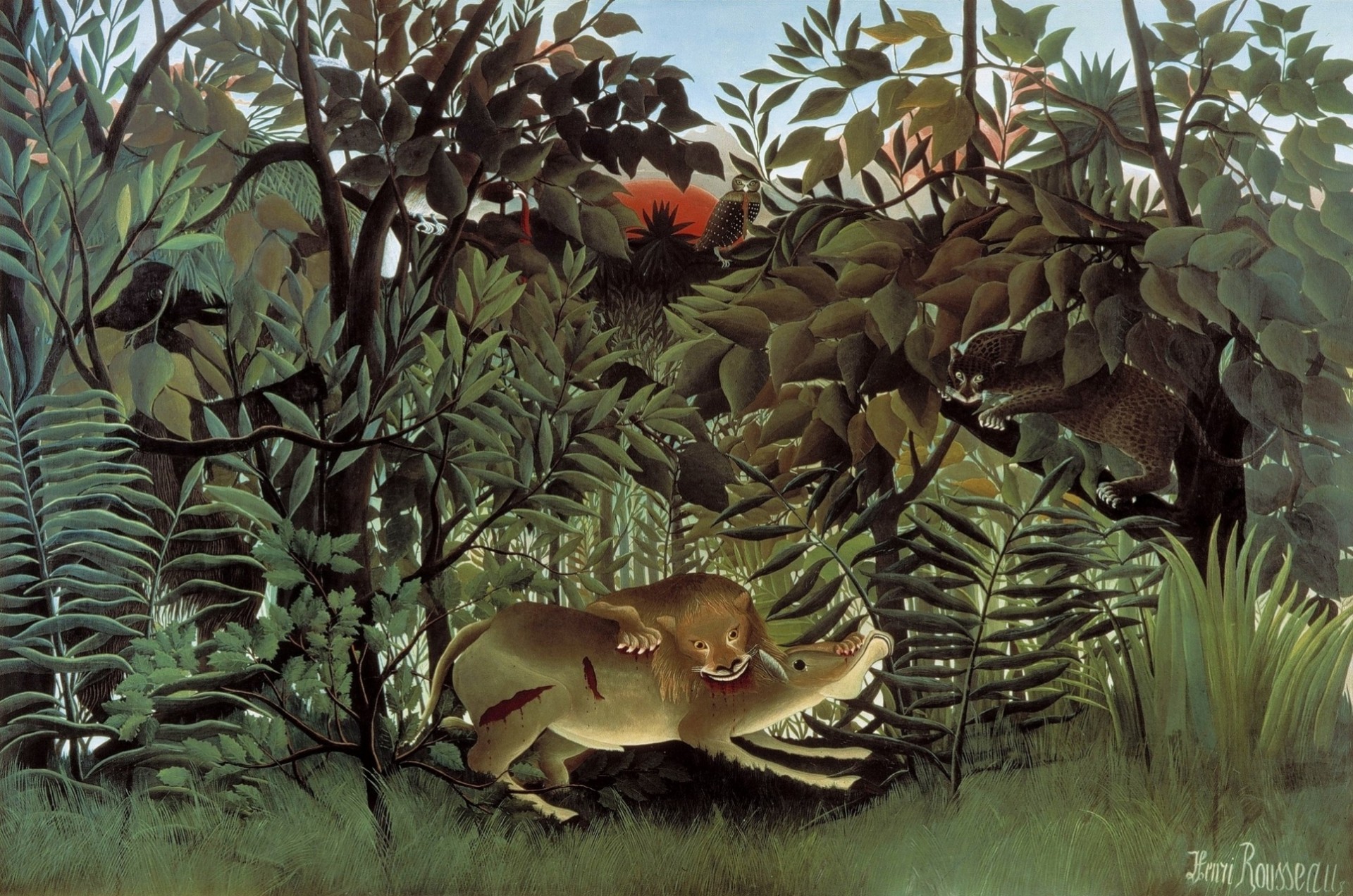 león óleo pintura antílopes primitivismo