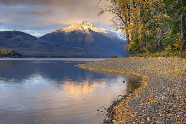 Reflection of mountains in the water in autumn