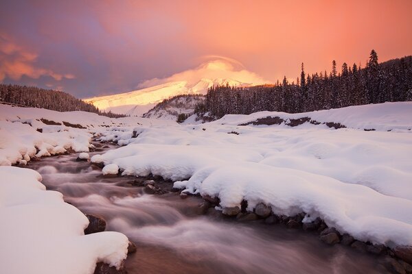 Beautiful snow-covered stream on the background of mountains