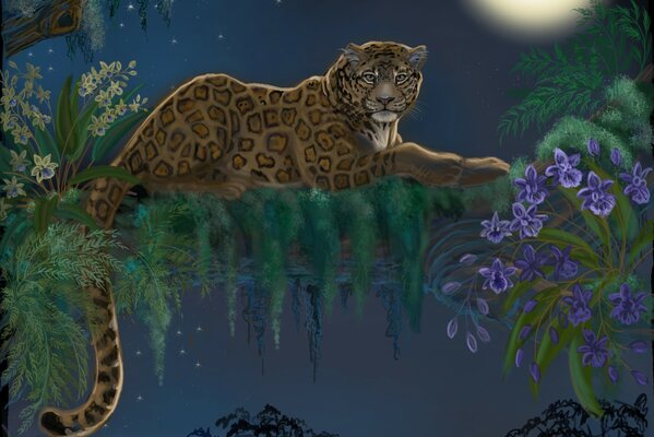 Leopard art on a tree. Night view