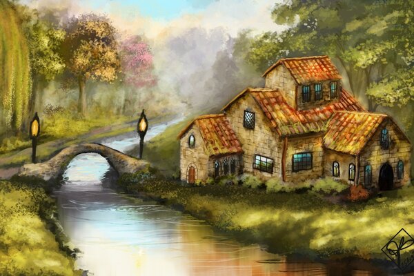 A house standing on the bank of a river and a bridge with lanterns