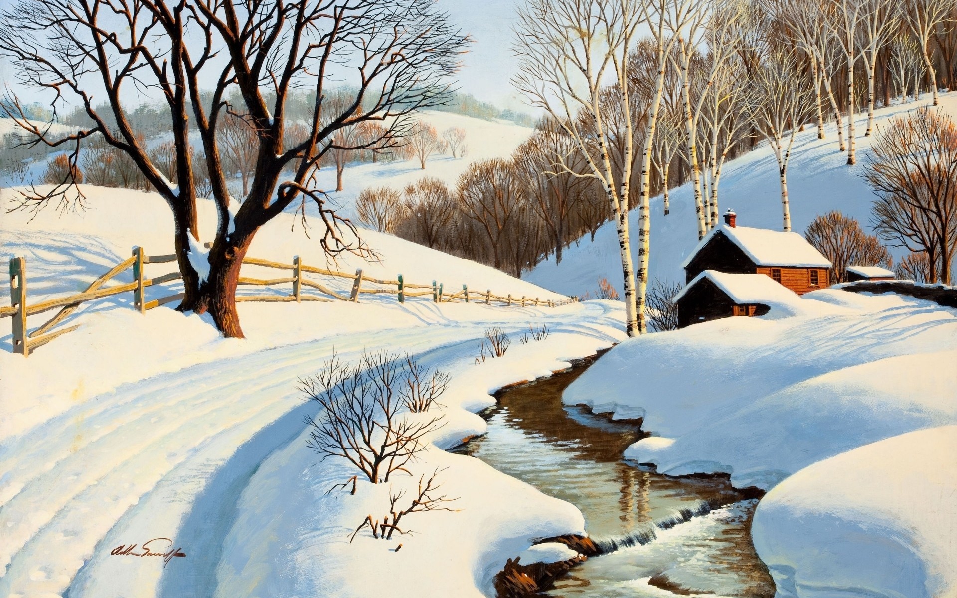 peinture soleil neige hiver printemps paysage