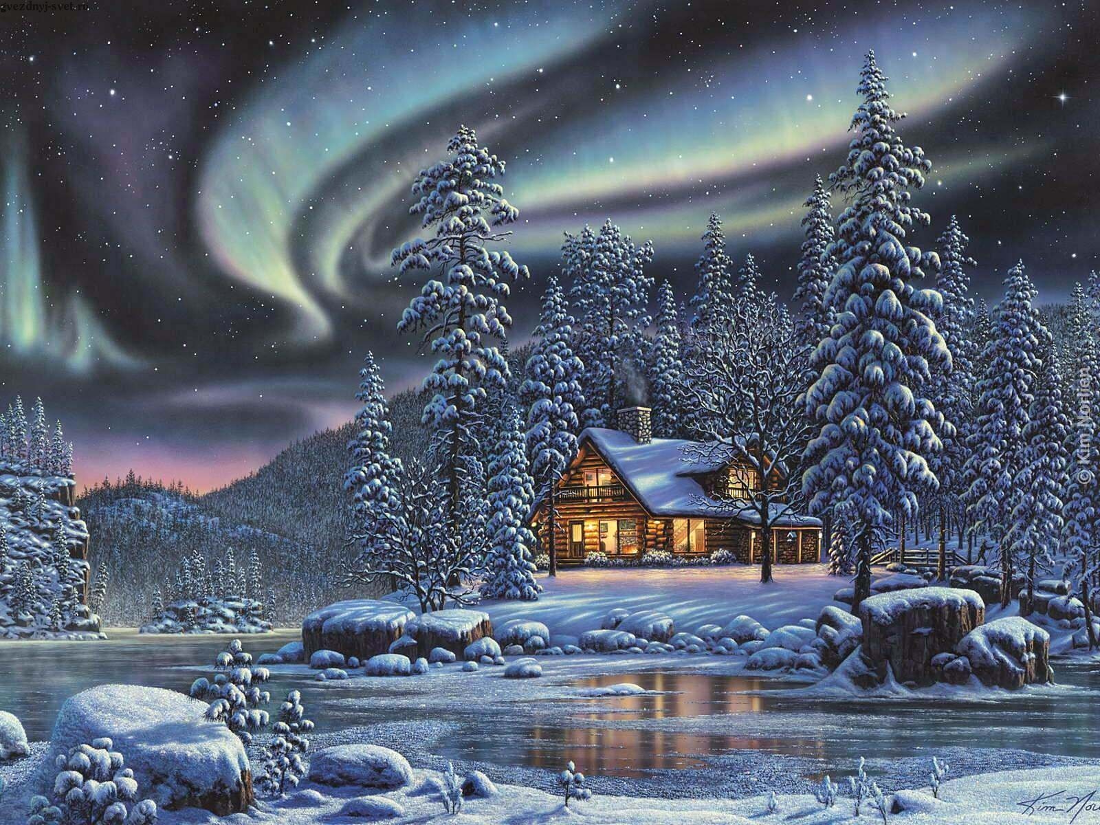 winter house forest river night northern light