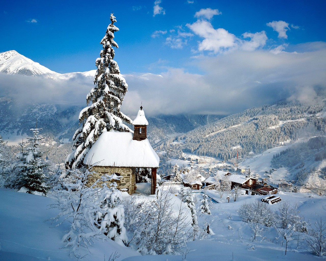 winter snow mountain house christmas tree