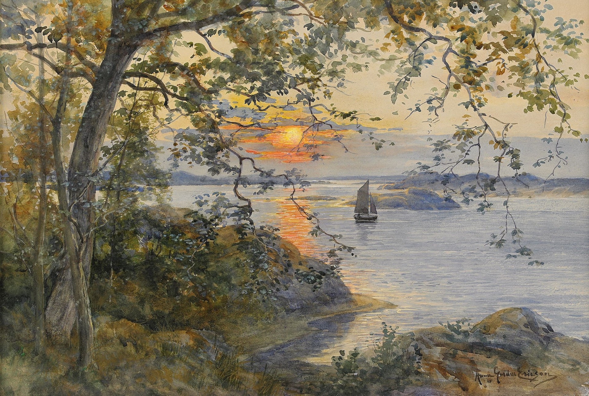 anna gardell-erickson paesaggio costiero con barca a vela ai raggi del tramonto sera