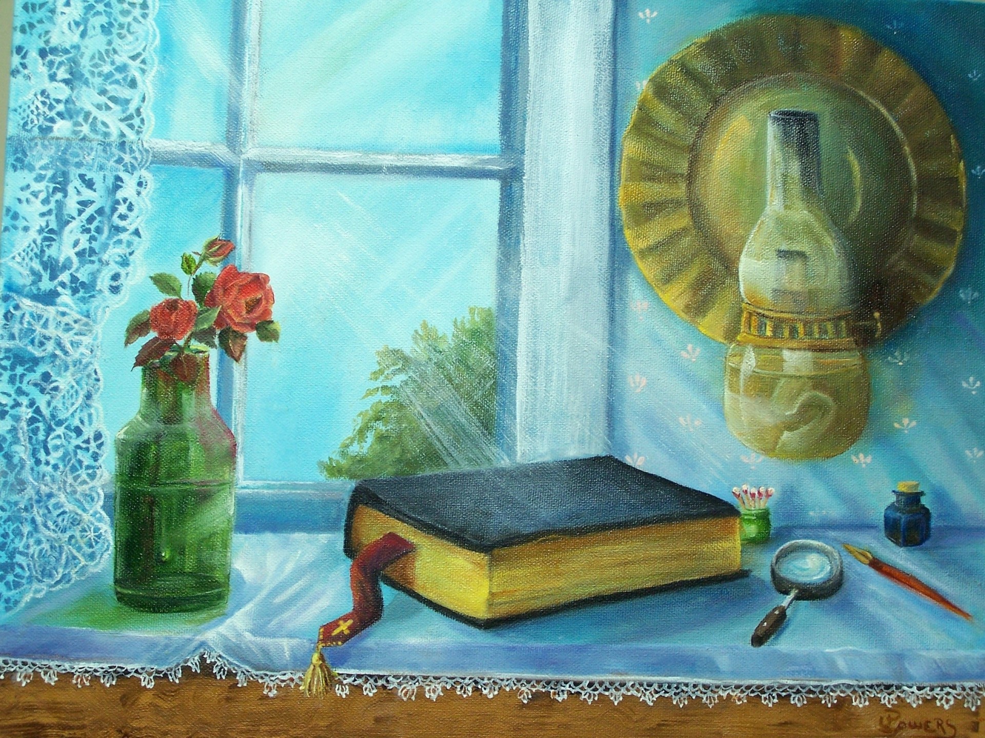 art kerosene stove roses window bed light bible book