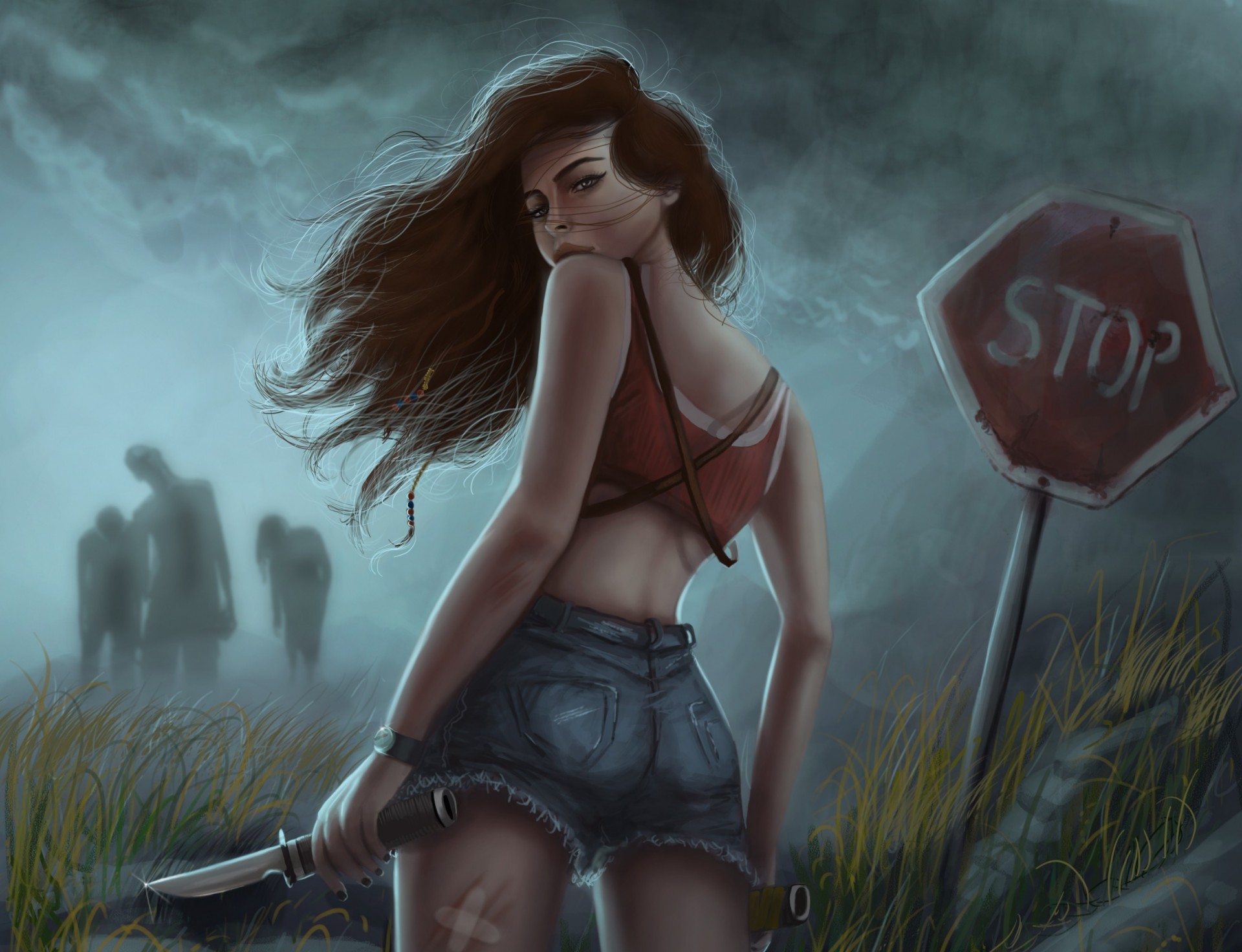 shorts art arme fille cheveux couteau arrêt signe vue survie zombie