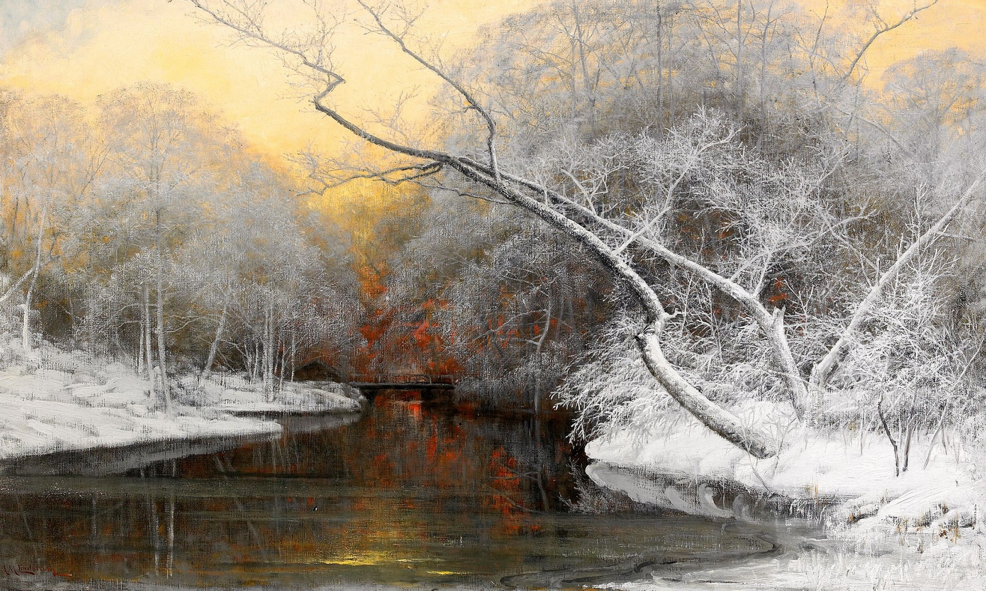 abend - sonnenuntergang in den farben der winterlandschaft arvid mauritz lindström winter fluss bäume