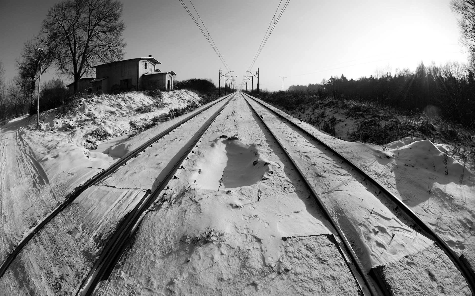 bianco e nero prospettiva neve inverno ferrovia