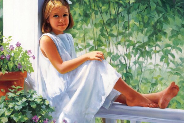 A girl in white is sitting next to flowers