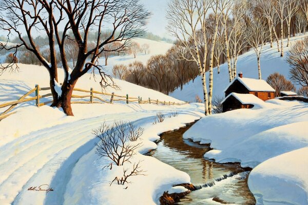 Sunny winter landscape. Reproduction of the painting