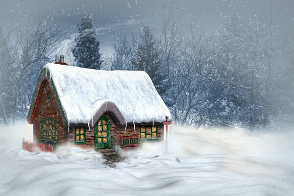 Winter Christmas house. Snowy landscape