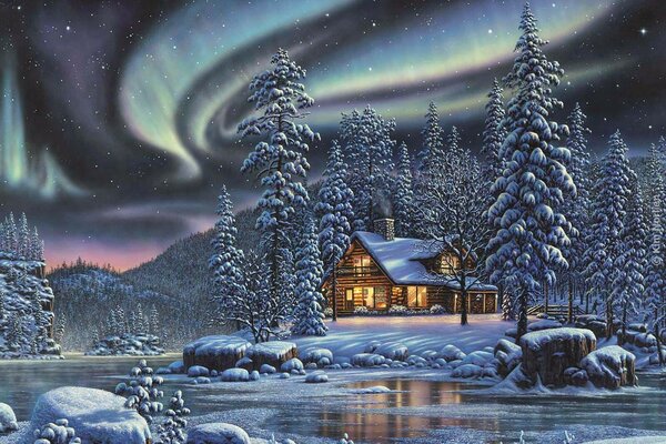 Casa invernale nella foresta di fronte al fiume
