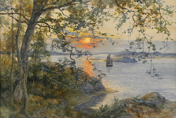 Disegno di Anna Gardell-Erickson Barca a vela al tramonto