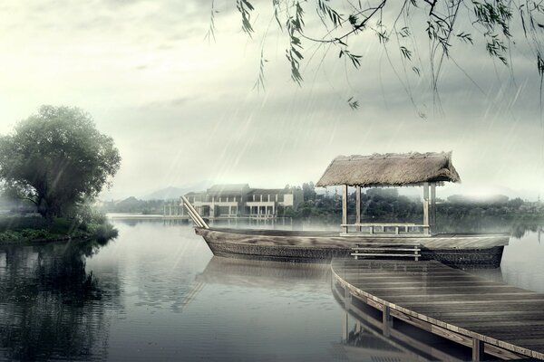 A lonely pier and heavy rain over the water