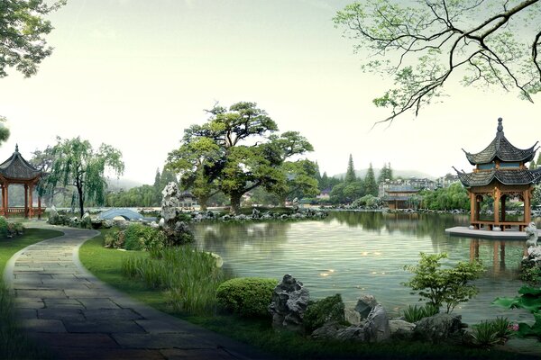 A beautiful park with gazebos and a pond