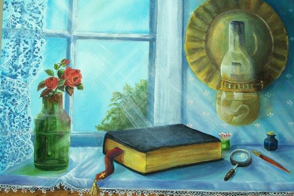 Pintura con la Biblia en la mesa y flores en un frasco