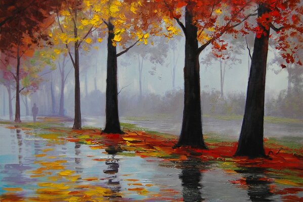 Late autumn rain in painting