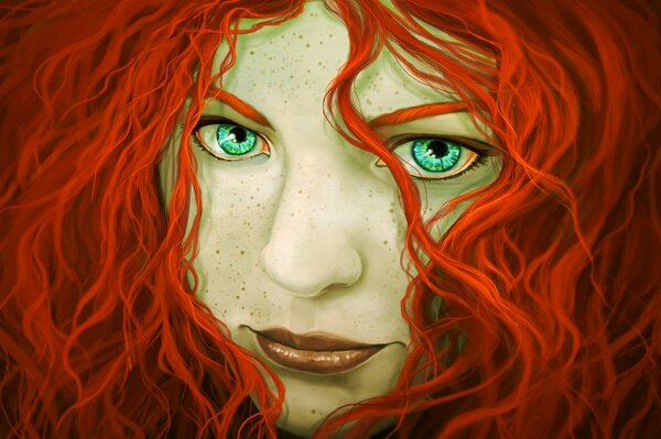 Art of a red-haired curly-haired girl with freckles