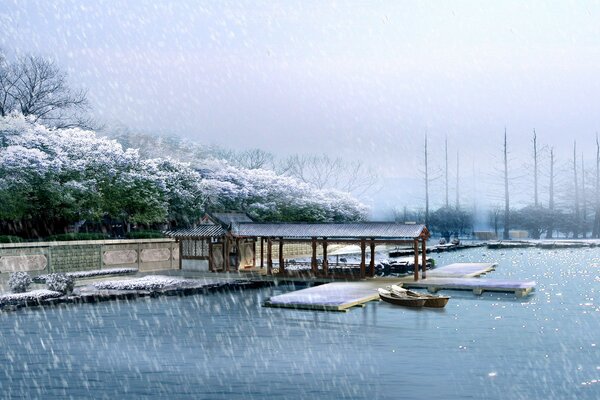 Muelle fluvial en invierno