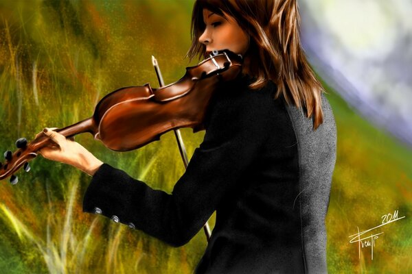 Ragazza con violino in natura