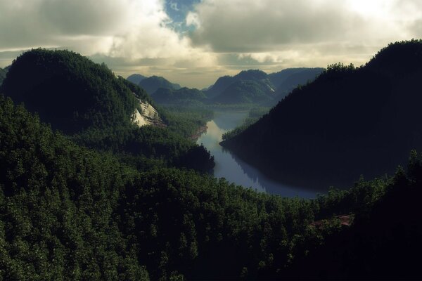 Wald und Fluss bei schlechtem Wetter