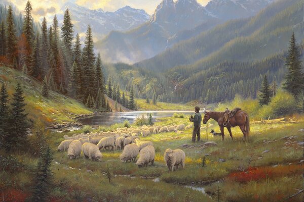 Ein Hirte mit Pferd und Hund bewacht eine Schafherde in den Bergen