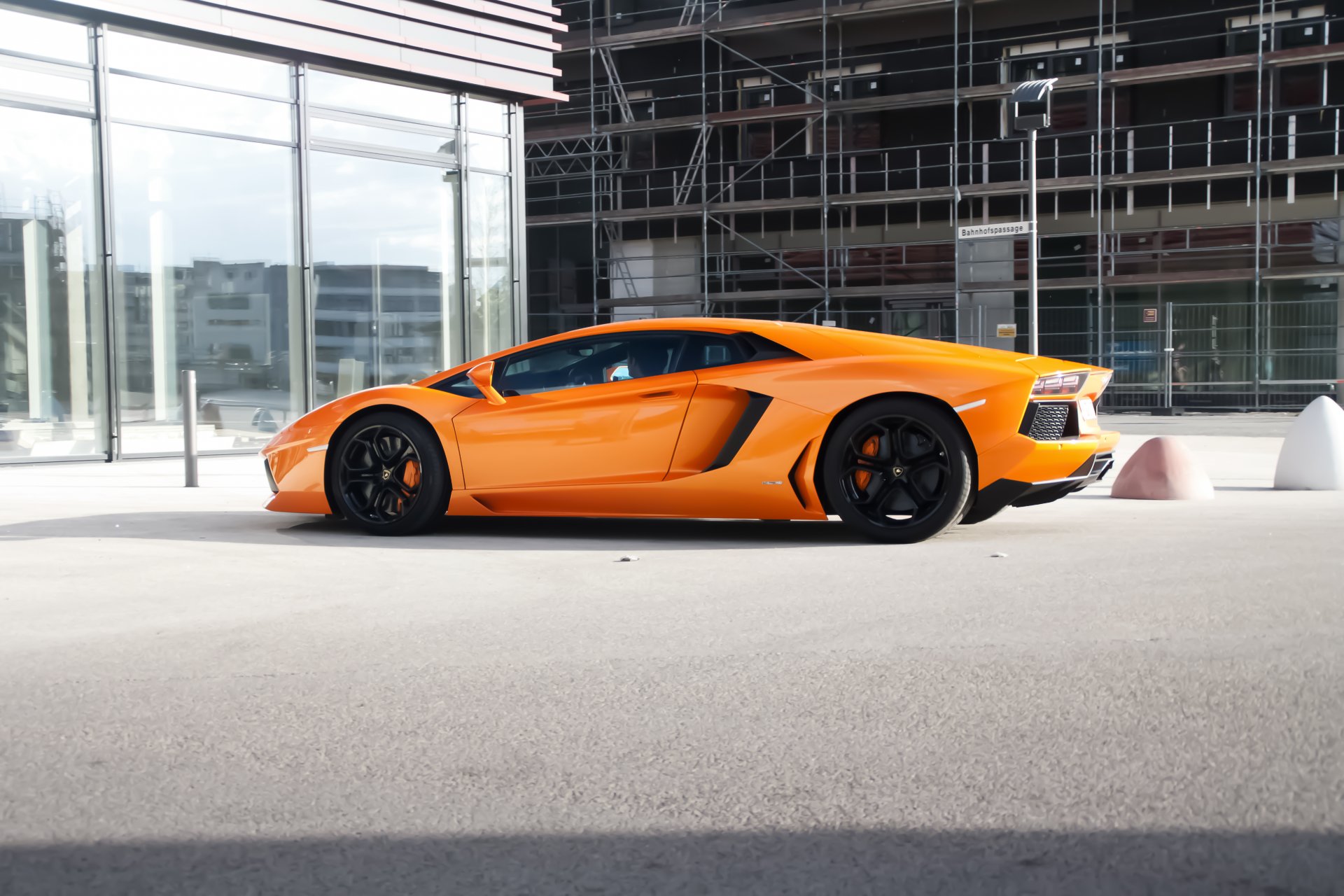 lamborghini aventador lp700-4 orange lamborghini aventador side view building windows reflection