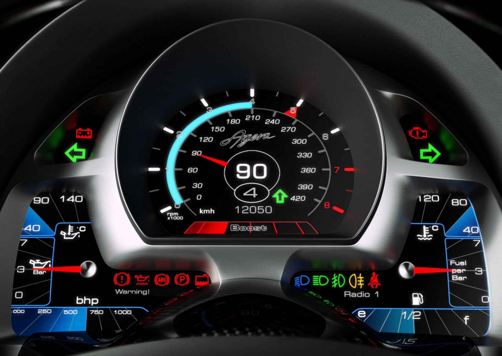 koenigsegg agera dashboard speedometer oil temperature oil pressure coolant temperature fuel gauge sensors indicator