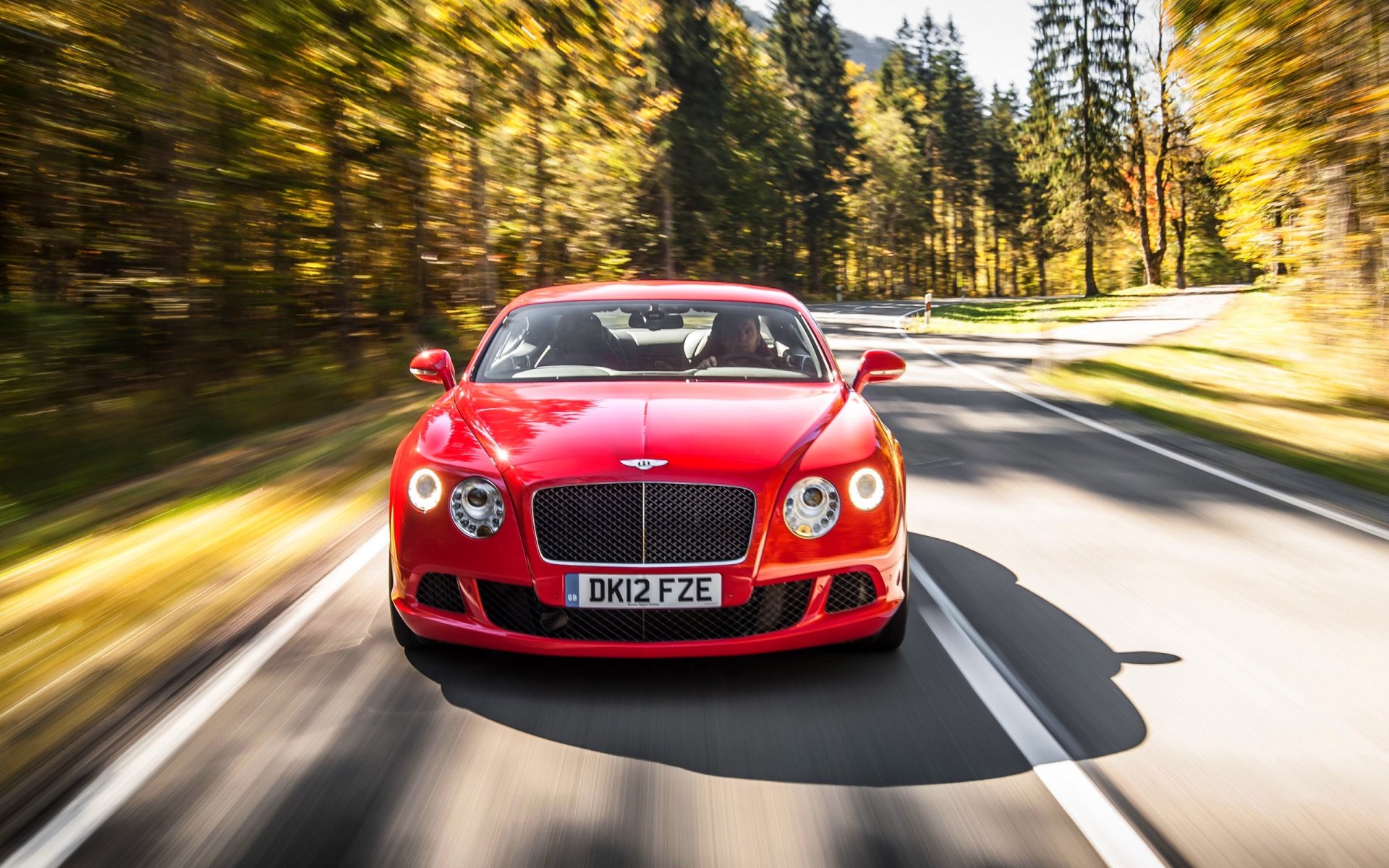 bentley continental gt rojo rojo coche frente parrilla faros bosque asfalto