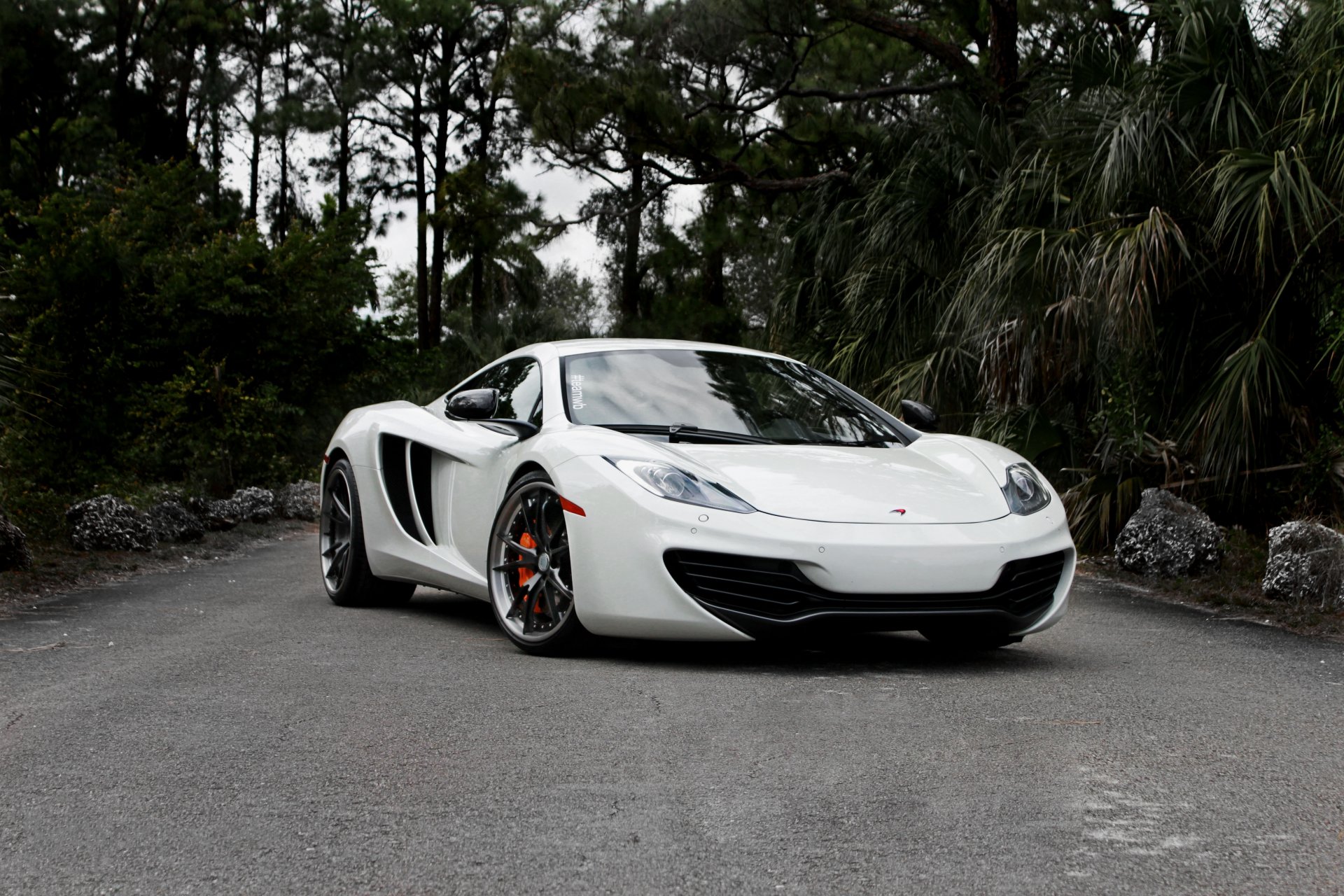 mclaren mp4-12c white mclaren front road trees sky