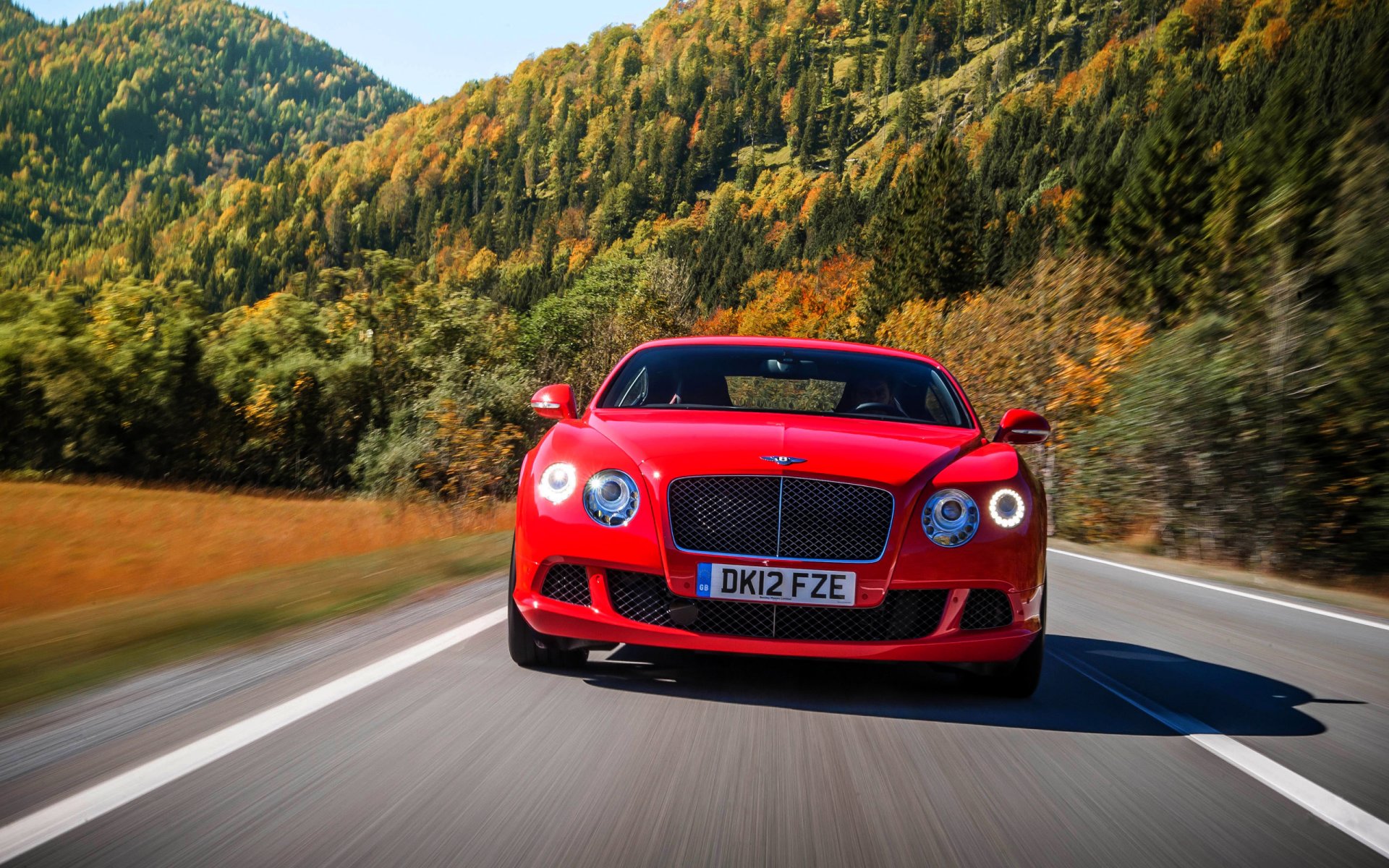 bentley continental gt rouge voiture phares nombre avant capot arbres forêt route