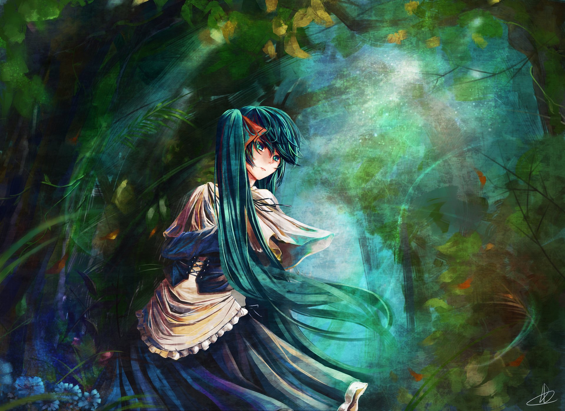 forêt cheveux bleus anime hatsune miku vocaloid