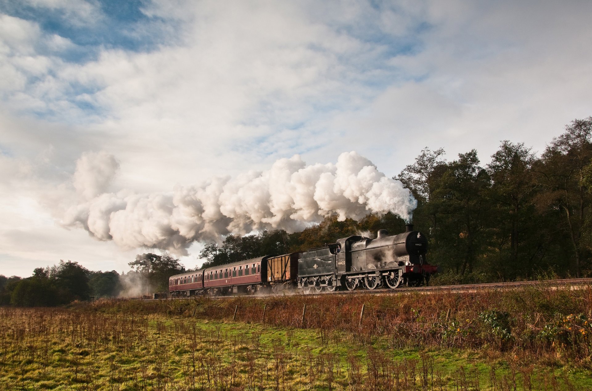 zug lokomotive rauch wagen natur