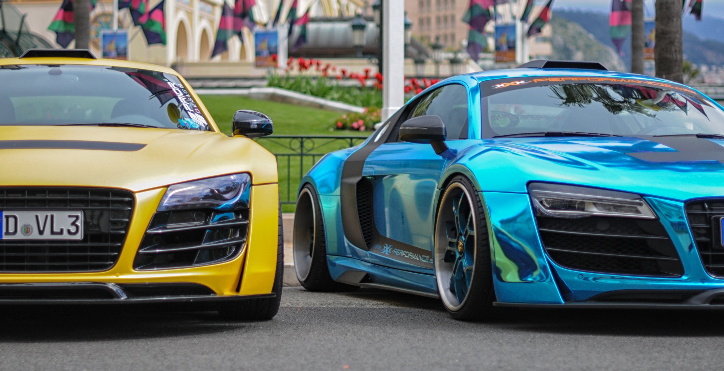 audi r8 monaco supersamochody ekskluzywny wyjątkowy niebieski chrom żółty matowy