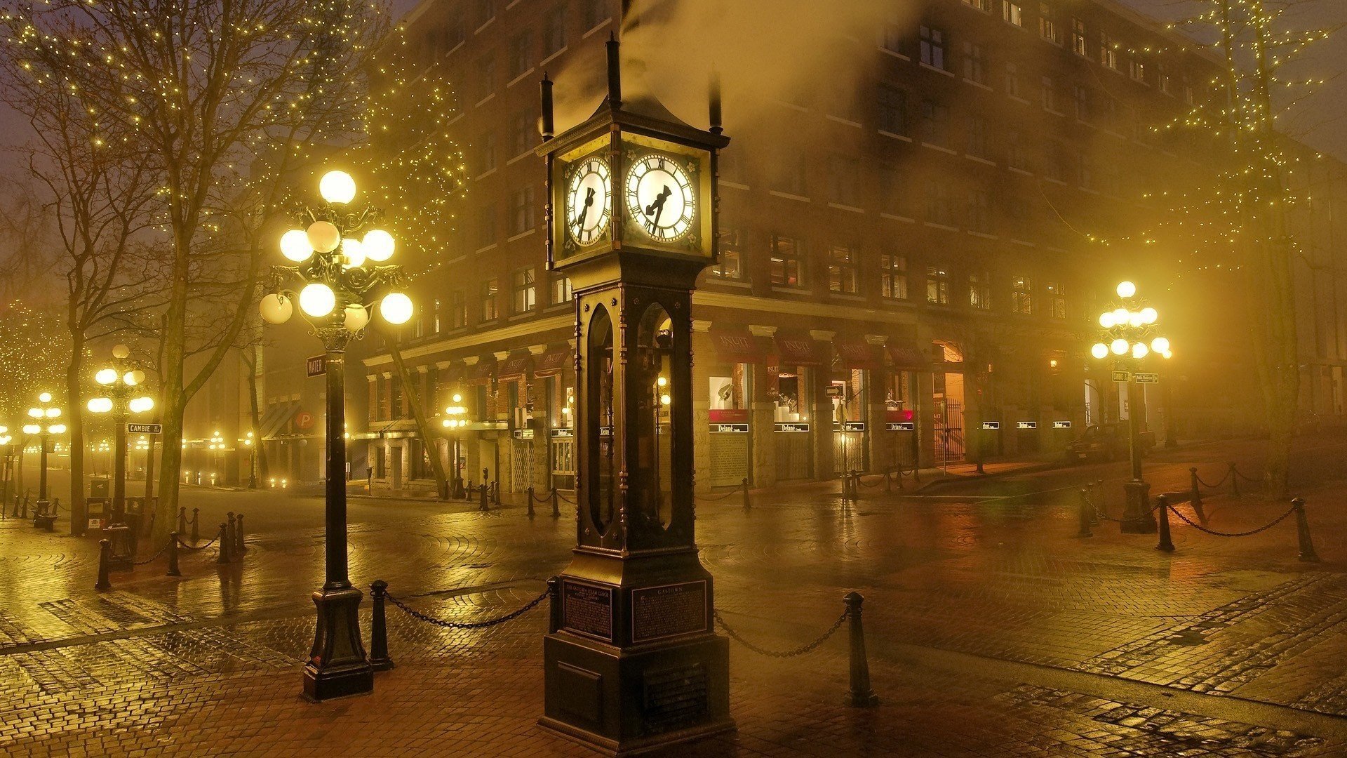 ville lanternes rue lumière soirée horloge