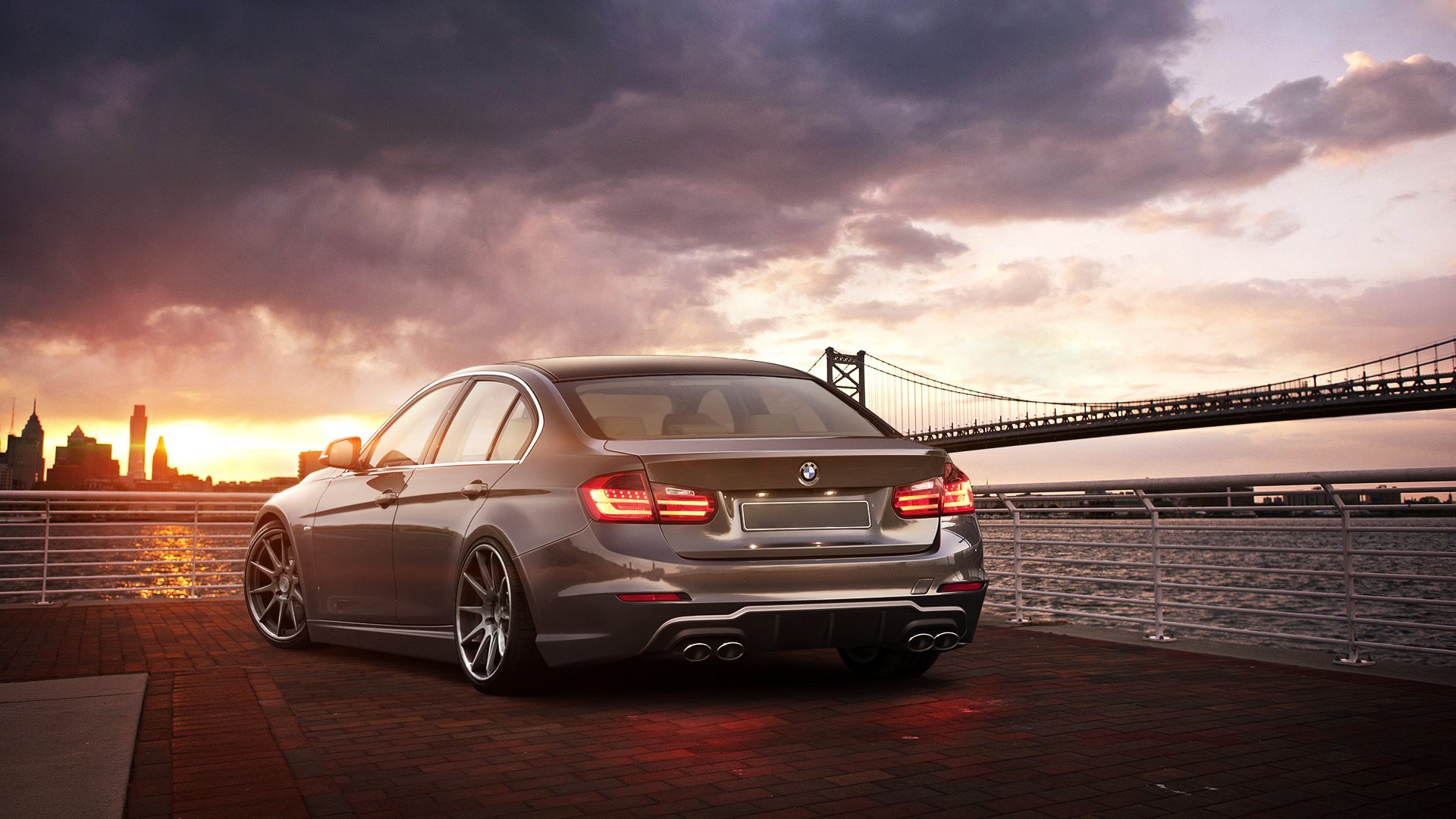 bmw 3 series 335i rear bridge sunset