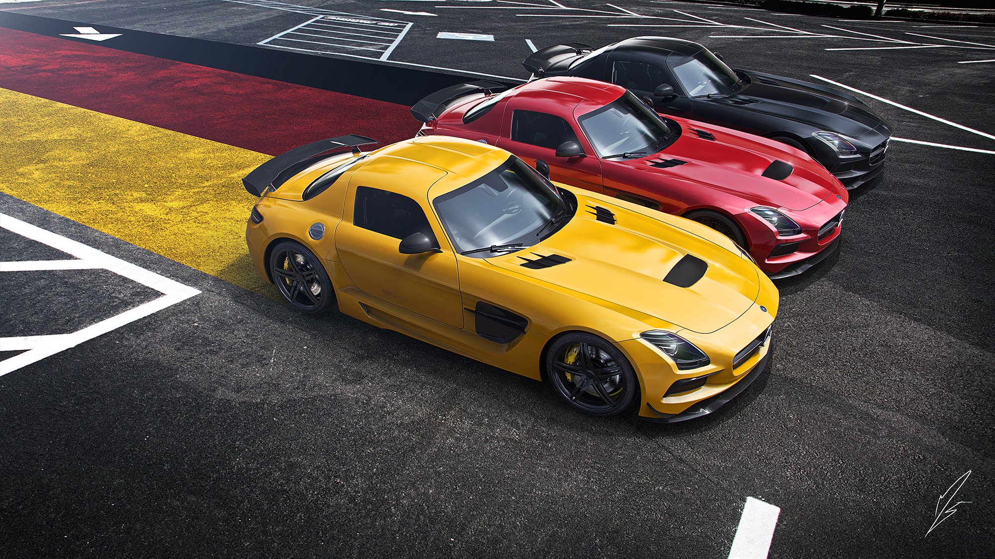 mercedes-benz sls amg black edition supersamochód żółty czerwony czarny niemiecki flaga panoramiczny asfalt