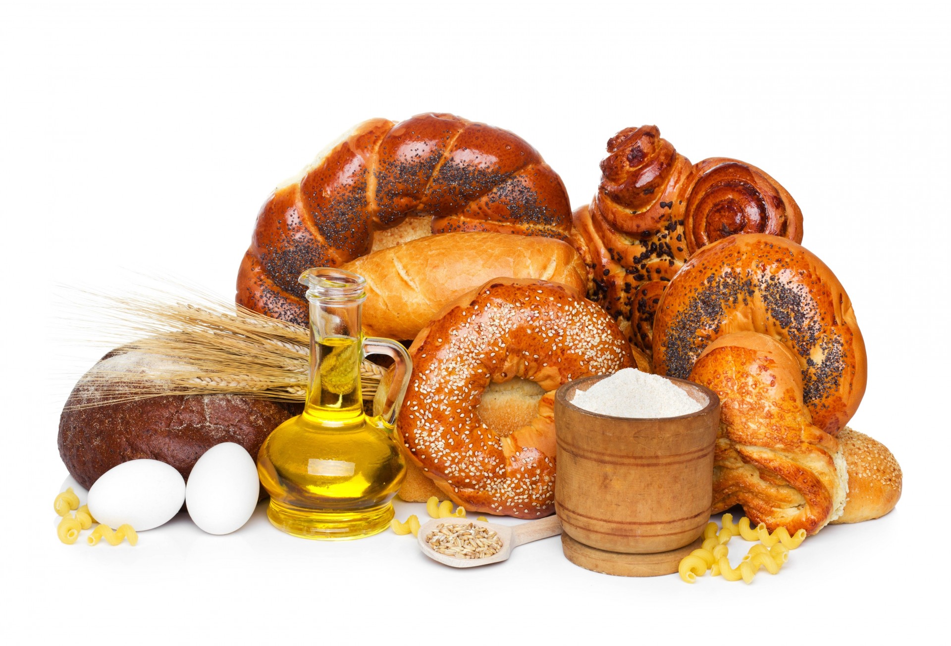 bread oil corn poppy white background pasta flour egg