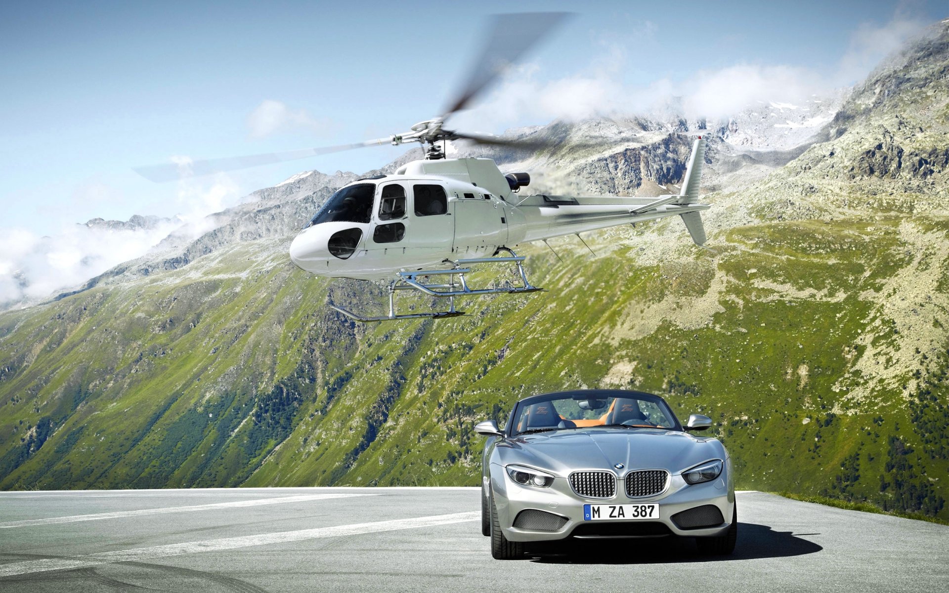 bmw zagato bmw hubschrauber cabrio grau front weiß berge felsen