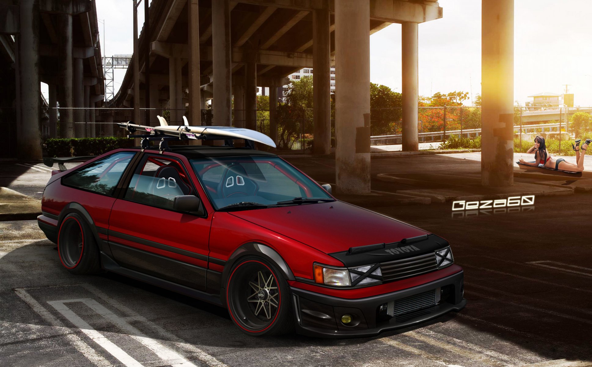 toyota corolla ae86 parkplatz brücke mädchen